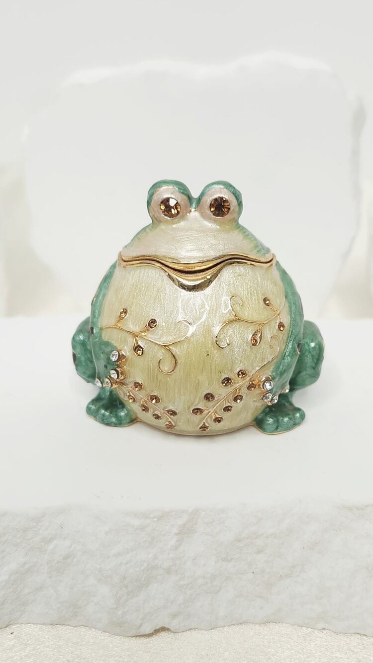 Kingspoint Designs Gold Tone Green Enamel And Rhinestone Frog Trinket Box